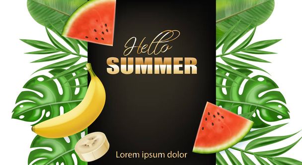 Summer tropic palm leaves banner Vector realistic. Banana and watermelon juicy fruits. Golden text summer posters - Vektori, kuva