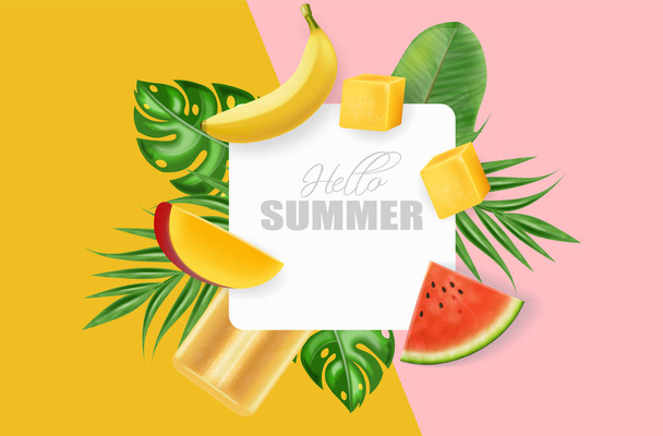 Летняя пальма оставляет баннер "Вектор" реалистичным. Банановые, манго и арбузные сочные слайсы. Красочные плакаты - Вектор,изображение