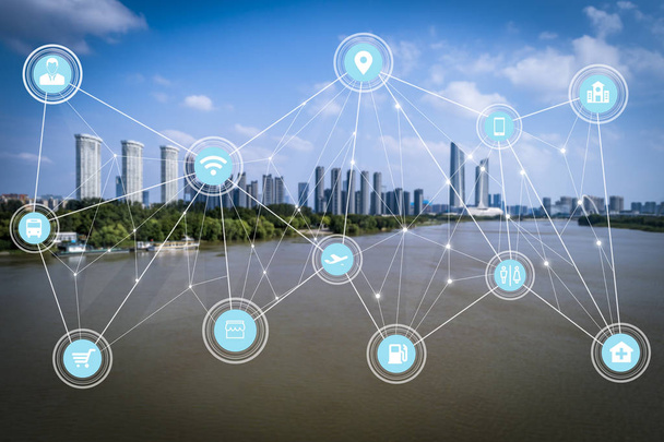 smart Connected city skyline. Concept de réseau futuriste, ville Technologie. - Photo, image