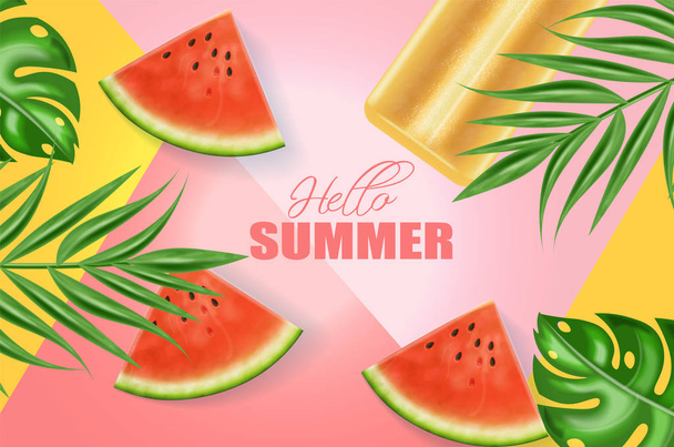 夏のアイスクリームとスイカのバナーベクトル現実的。ジューシーなスイカのスライスと抽象的な背景。カラフルなポスター - ベクター画像