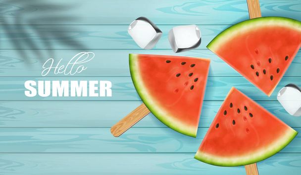 Watermelon slices Vector realistic. Summer tropic seaside view background. 3d detailed juicy fruits slices - Vettoriali, immagini