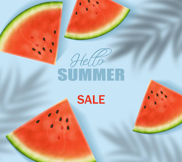 Watermelon slices Vector realistic. Summer tropic seaside view background. 3d detailed juicy fruits slices - Vektor, obrázek