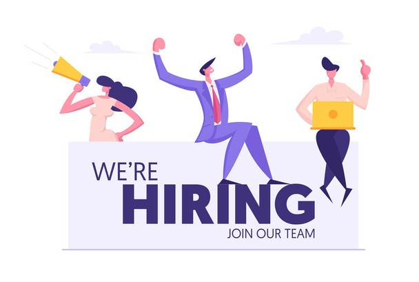We are Hiring Concept Banner with Business People. Teamwork, Recruitment, Job Hiring, Agency Interview, Human Resources with Man and Woman. Vector flat illustration - Vector, Image