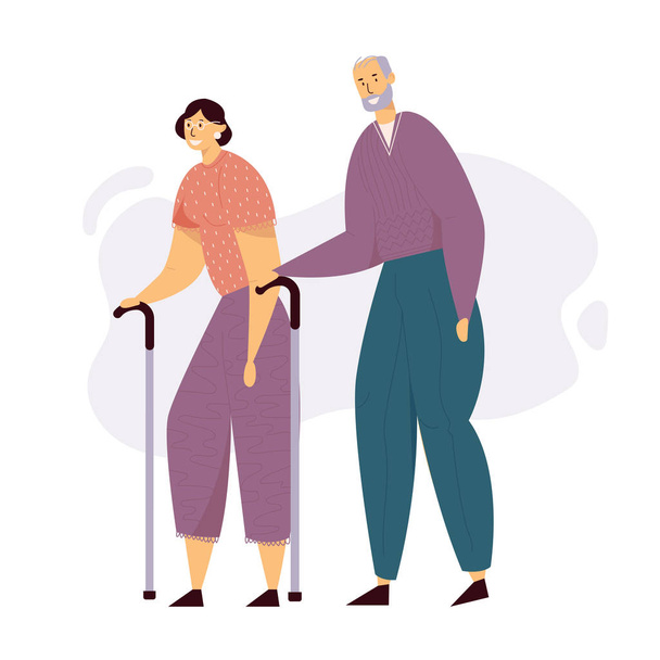 Yaşlı İnsanlar Çift Sopaile Yürüyüş. Happy Senior Man ve Woman Characters Together. Yaşlılar, Yaşlılık Kavramı. Vektör düz illüstrasyon - Vektör, Görsel