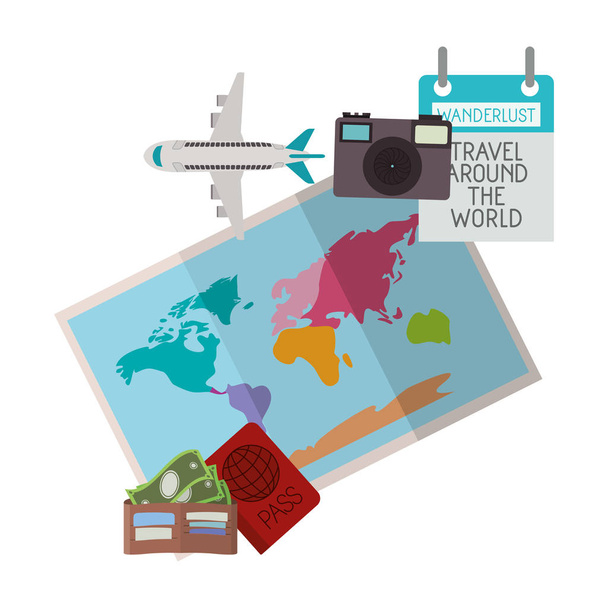 mapa de papel con los iconos de viaje alrededor del mundo
 - Vector, imagen
