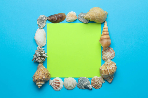 Marco de verano. Marco de papel para su texto y conchas marinas sobre un fondo azul suave. vista superior
 - Foto, imagen