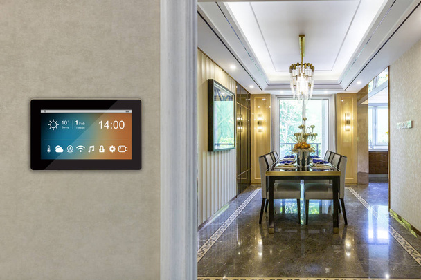 smart home interior with icons on screen - Φωτογραφία, εικόνα