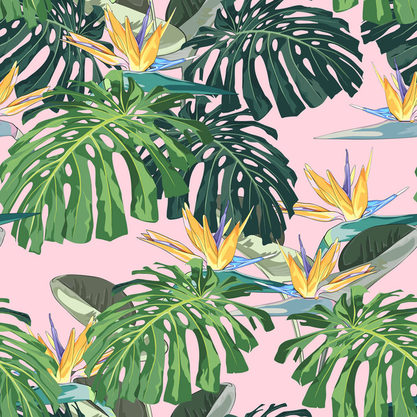 dunkle und helle tropische Blätter mit Dschungelpflanzen. nahtloses tropisches Vektormuster mit grünen Palmen- und Monsterblättern und roten Strelitzia-Blüten. rosa Hintergrund.  - Vektor, Bild