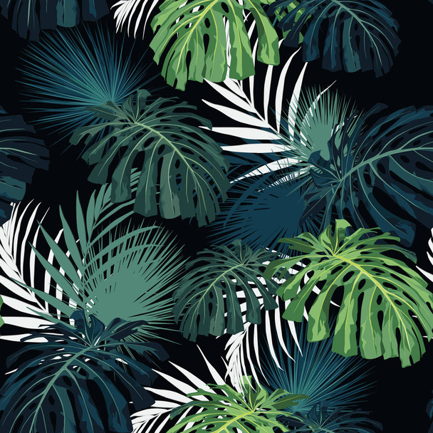 Tmavé a světlé tropické listy s džunglí. Bezproblémové vektorové tropické vzory se zelenými palmami a Monstera listy. Černé pozadí.  - Vektor, obrázek