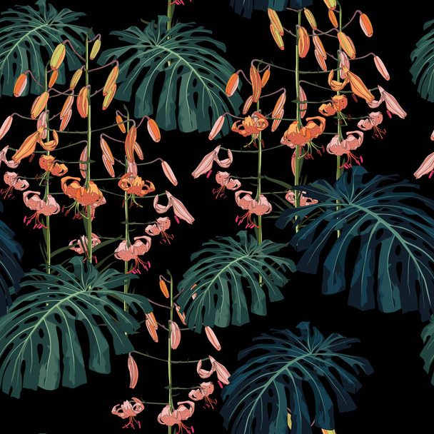Бесшовный узор с пальмовыми листьями монстров и цветами тропических лилий. Векторная иллюстрация на тёмном фоне
 - Вектор,изображение