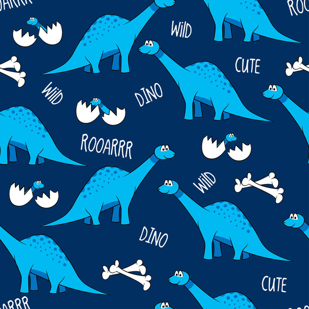 Funny cartoon dinosaurs, bones, and eggs with babies. Cute brontosaurus characters. Hand drawn vector doodle set for kids. Good for textiles, nursery, wallpapers, wrapping paper, clothes. - Vector - Vektor, Bild