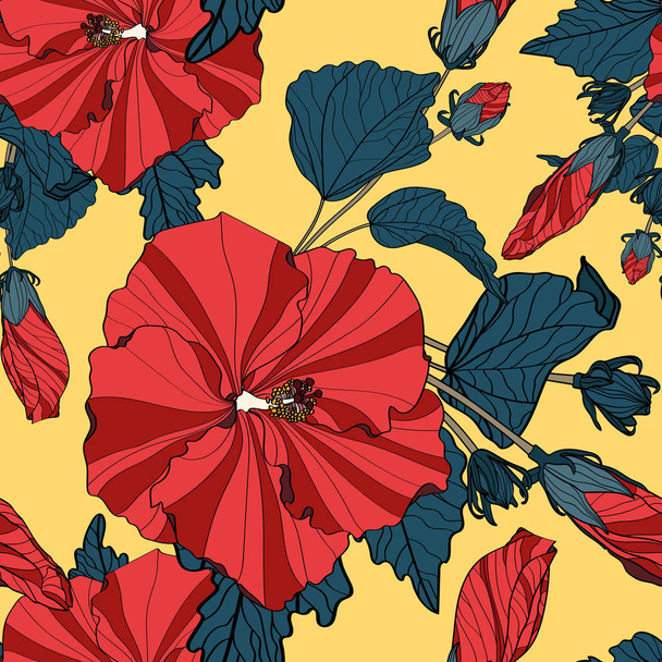 Tropical seamless pattern. Hand drawn texture with hibiscus flower branch. Exotic floral yellow background.  - Vector, Image