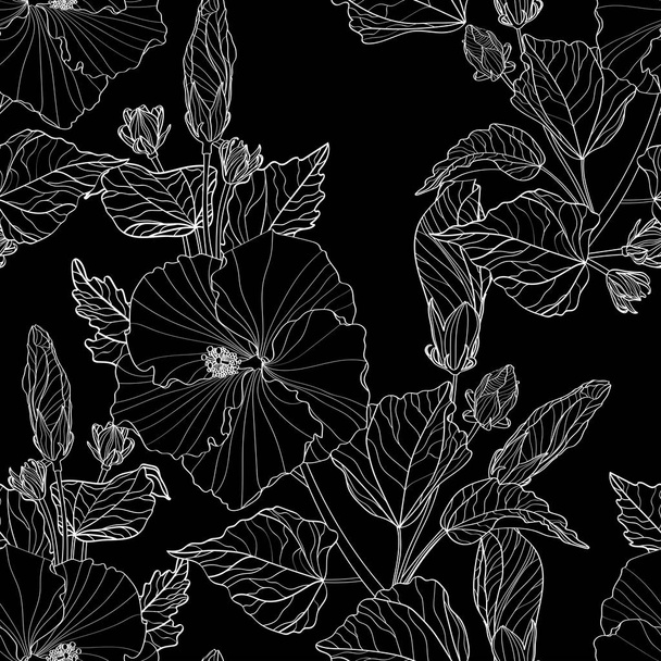 シームレスなパターンの白い線のハイビスカスの花と黒の背景に葉。イラスト線画図.  - ベクター画像