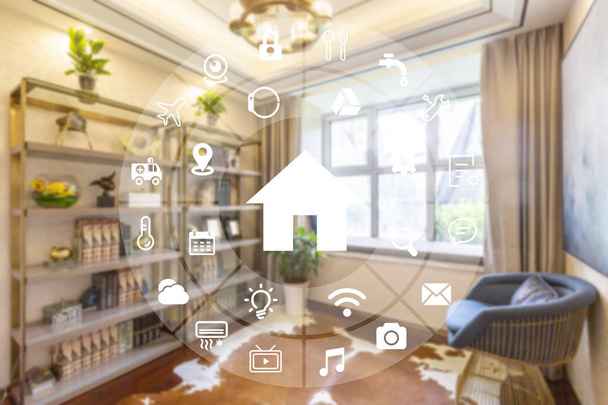 Kreisförmige futuristische Schnittstelle des Smart Home Automation Assistenten auf einem virtuellen Bildschirm - Foto, Bild