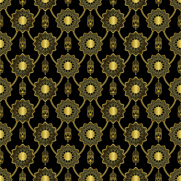Arabic golden luxury seamless pattern on black background - Vektor, kép