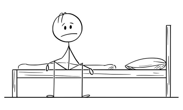 Vector Cartoon of Sad or Depressed Man Sitting Alone on Bed and Thinking - Wektor, obraz