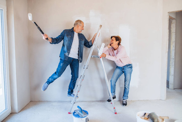 Senior couple painting walls in new home, having fun. Relocation concept. - Fotografie, Obrázek