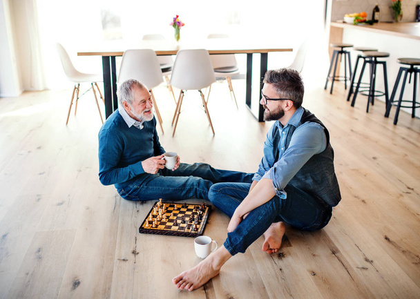An adult hipster son and senior father sitting on floor indoors at home, playing chess. - Fotografie, Obrázek
