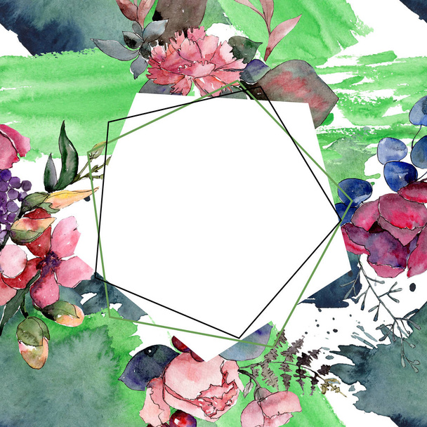 roter Strauß blumiger botanischer Blumen. Aquarell Hintergrundillustration Set. Rahmen Rand Ornament Quadrat. - Foto, Bild