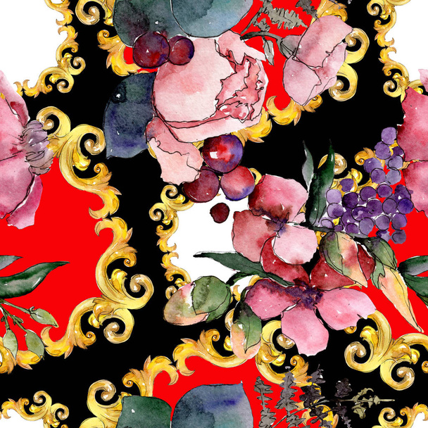 Fiori botanici floreali rossi bouquet. Acquerello sfondo illustrazione set. Modello di sfondo senza soluzione di continuità
. - Foto, immagini