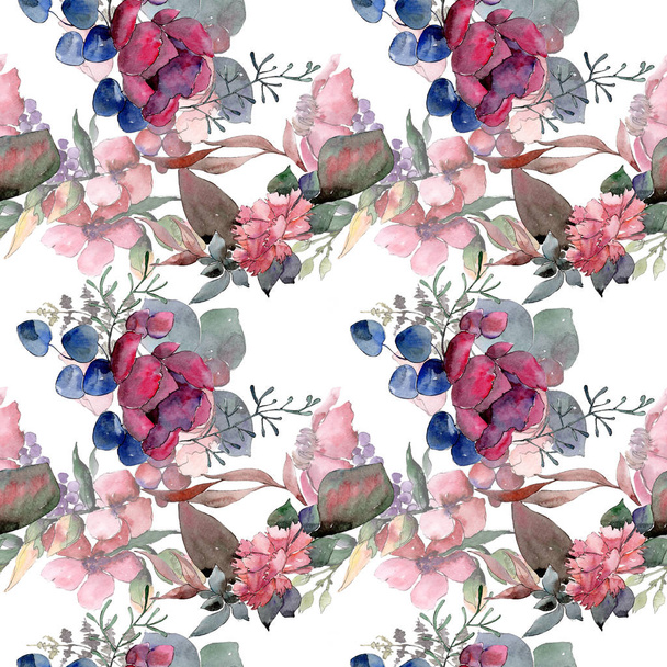 Red bouquet floral botanical flowers. Watercolor background illustration set. Seamless background pattern. - Photo, Image