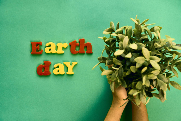 Person putting home plant on green surface with Earth day inscription - Foto, imagen