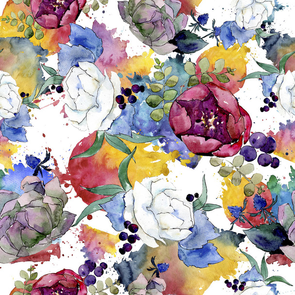 Csokor virágos botanikus virágok. Akvarell háttér illusztráció meg. háttér-mintázat. - Fotó, kép