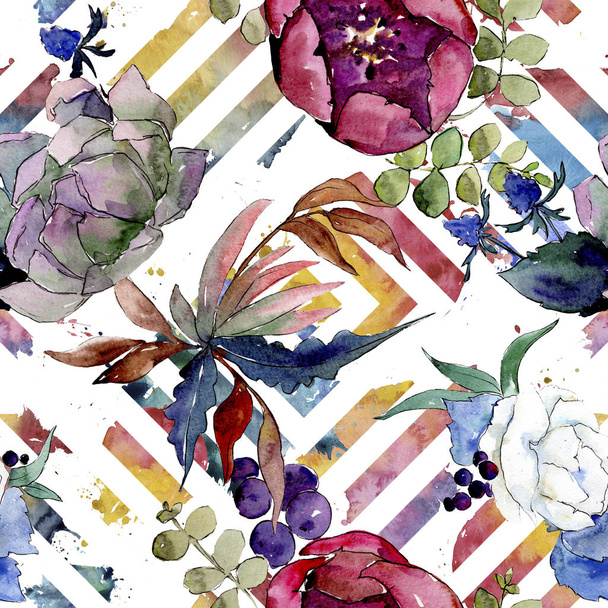 花束花植物の花。●水彩背景イラストセット。背景パターン. - 写真・画像