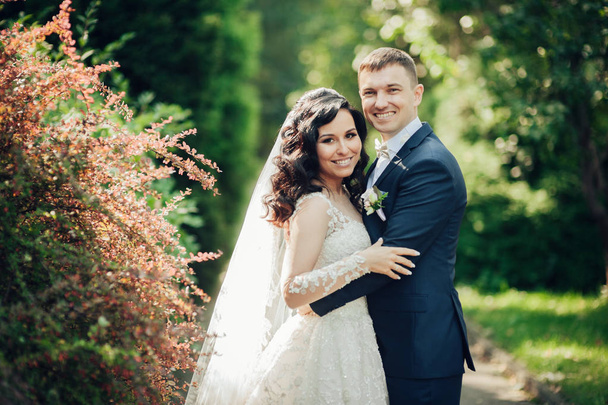 Cheerful bride and groom posing in sunny green park ac - Foto, immagini