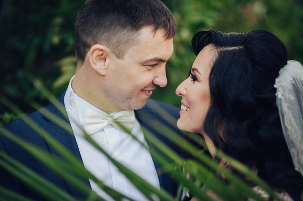 Mariée gaie et marié posant dans le parc vert ensoleillé ac
 - Photo, image