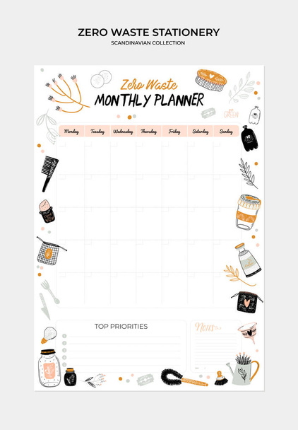 Set of weekly planners and to do lists with zero waste illustrations and trendy lettering. Template for agenda, planners, check lists, and other kids stationery. Isolated. Vector - Vector, Image