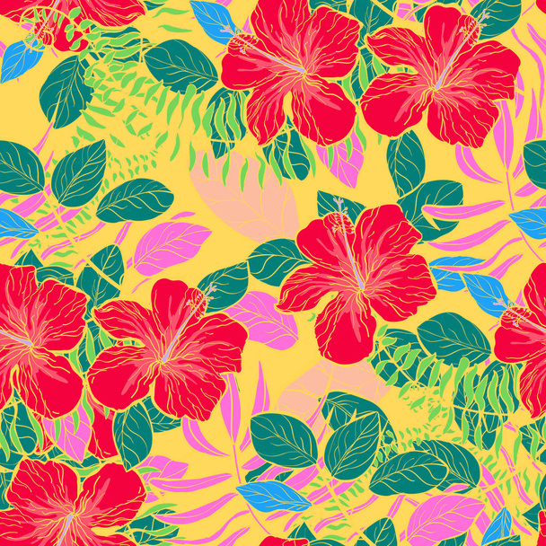 Tropical flowers and leaves plants jungle pattern - Вектор,изображение