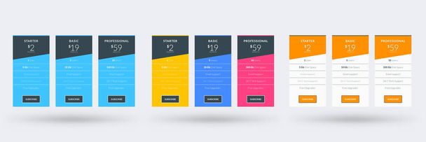 Pricing table design template for websites and applications. Set of three different color variations. Vector pricing plans. Flat style vector illustration - Vecteur, image