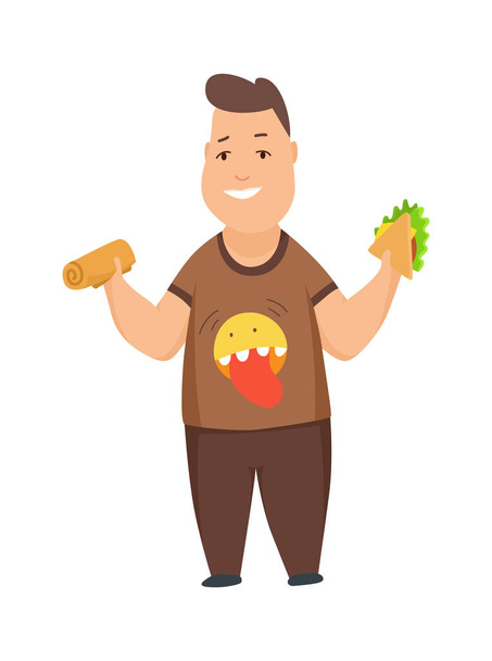 Niño con sobrepeso lindo gordito niños personajes de dibujos animados comiendo vector de comida rápida Ilustración sobre un fondo blanco
. - Vector, Imagen