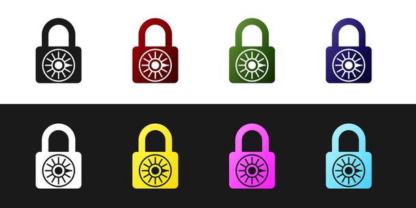A biztonságos kombinációs zár görgetőkerekes ikonja fekete-fehér háttérrel. Kombinált lakat. Biztonság, biztonság, védelem, jelszó, adatvédelmi koncepció. Vektoros illusztráció - Vektor, kép