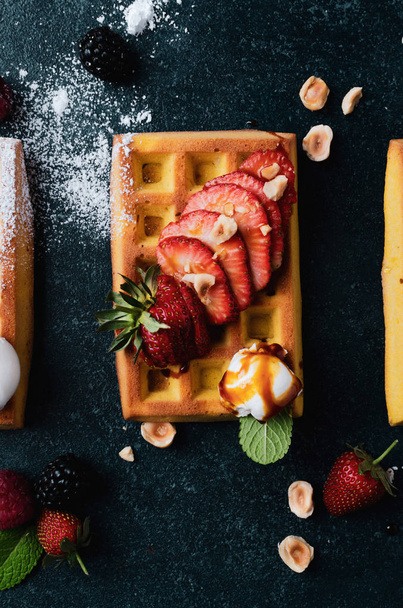 Belgian waffles with  summer fresh berries and honey . - Фото, зображення