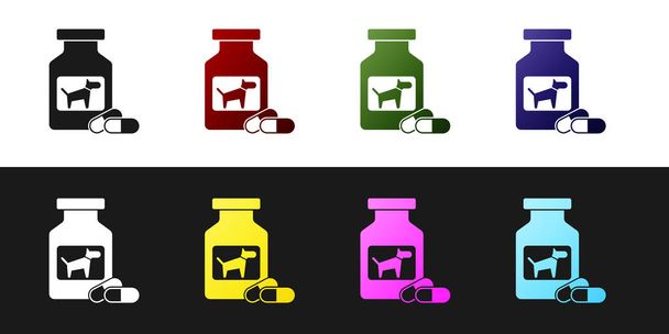 Set bottiglia medicina cane e pillole icona isolata su sfondo bianco e nero. Contenitore con pillole. Medicina prescritta per animali. Illustrazione vettoriale
 - Vettoriali, immagini