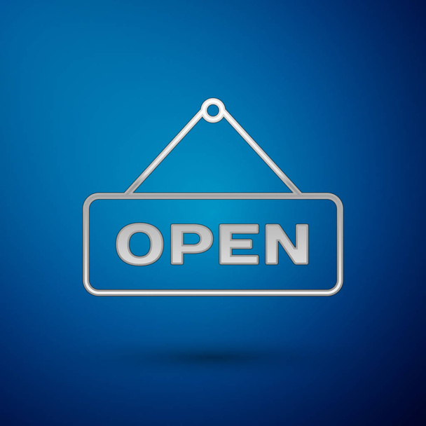 Ezüst akasztójel szöveggel Nyílt ajtó ikon elszigetelt kék háttérrel. Vektorillusztráció - Vektor, kép