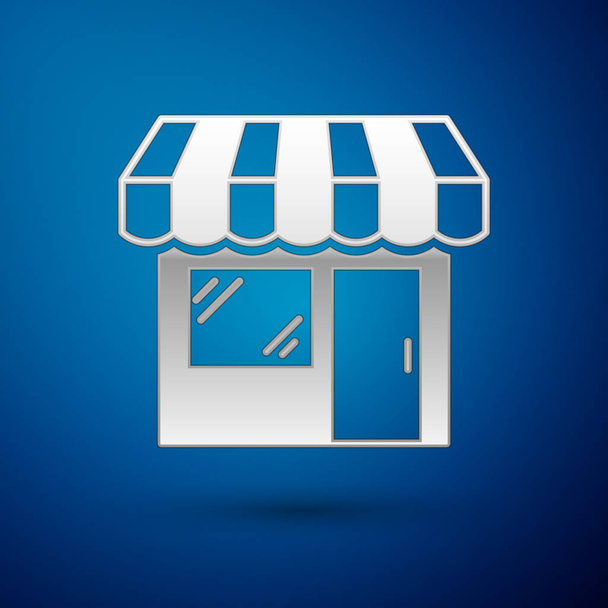 Срібна торгова будівля або значок магазину ізольовані на синьому фоні. Будівництво магазину. Векторна ілюстрація
 - Вектор, зображення