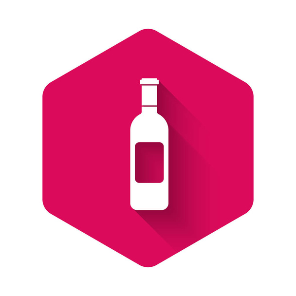 Biała butelka ikony wina odizolowana długim cieniem. Różowy sześciokątny przycisk. Ilustracja wektora - Wektor, obraz
