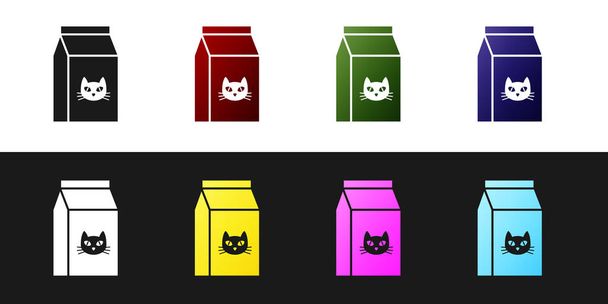 Set Bag of food for cat icon isolated on black and white background. Food for animals. Pet food package. Vector Illustration - Vector, Image