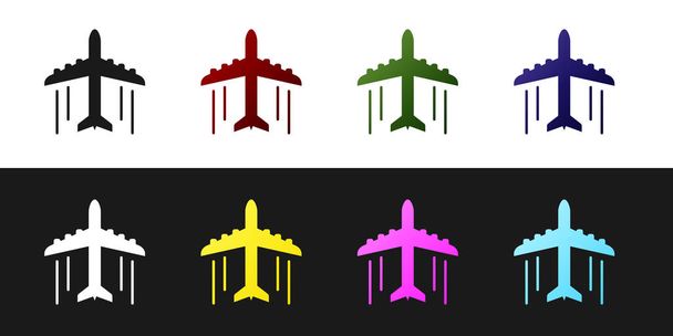 Stel vlak pictogram geïsoleerd op zwart-witte achtergrond. Vliegtuig icoon. Airliner teken. Vector illustratie - Vector, afbeelding