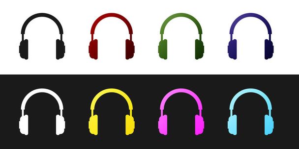 A fejhallgatók ikonját fekete-fehér háttérrel kell beállítani. Fülhallgató jel. Koncepció objektum zenehallgatáshoz, a szolgáltatás, a kommunikáció és az üzemeltető. Vektoros illusztráció - Vektor, kép