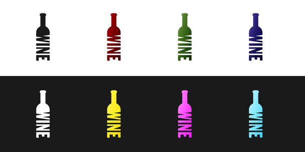 Set Flasche Wein Symbol isoliert auf schwarzem und weißem Hintergrund. Schriftzug Flasche Wein. Vektorillustration - Vektor, Bild