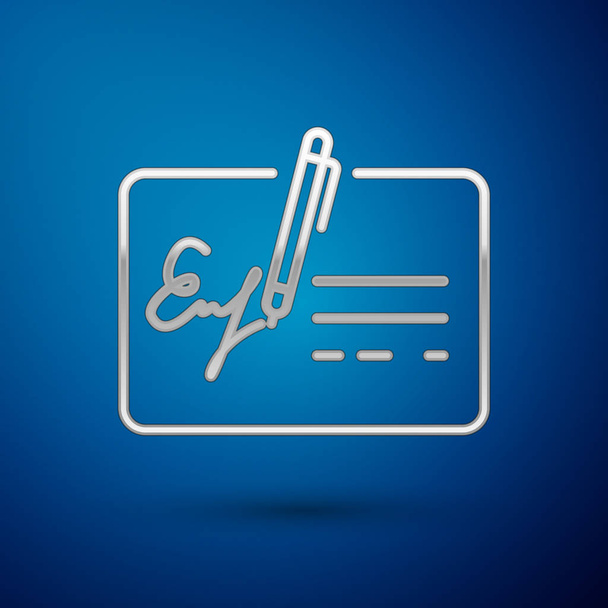 Silver Signed document line icon isolated on blue background. Pen signing a contract with signature. Edit document sign. Vector Illustration - Vector, Image