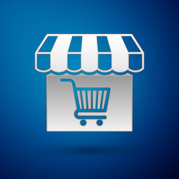 Silver Shopping building or market store with shopping cart icon isolated on blue background. Shop construction. Supermarket basket symbol. Vector Illustration - Vector, Image