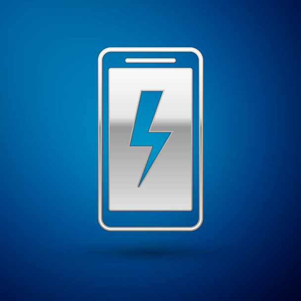 Silver smartphone töltés akkumulátor ikon izolált kék háttér. Telefon alacsony töltöttségi Vektoros illusztráció - Vektor, kép