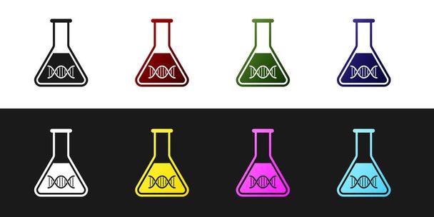 Set DNA research, search icon isolated on black and white background. Genetic engineering, genetics testing, cloning, paternity testing. Vector Illustration - Vector, Image