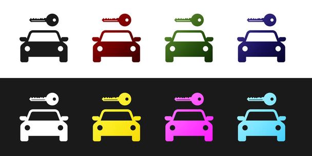 Set Icono de alquiler de coches aislado sobre fondo blanco y negro. Alquilar una señal de coche. Llave con coche. Concepto para servicio de reparación de automóviles, tienda de repuestos. Ilustración vectorial
 - Vector, imagen