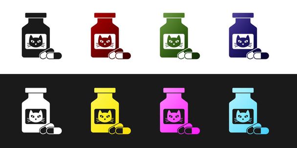 Ustaw butelkę z lekiem Cat i ikonę pigułki na białym tle na czarno. Pojemnik z pigułek. Lek na receptę dla zwierząt. Ilustracja wektorowa - Wektor, obraz